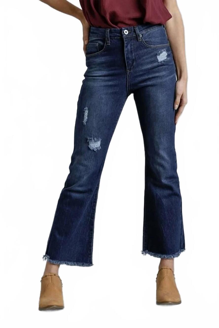 NEW UMGEE high rise 5 pocket distressed flare jean in indigo